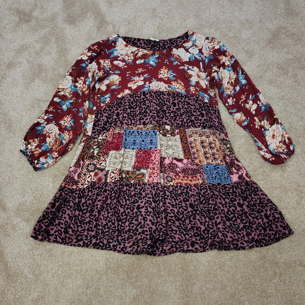 UMGee Tunic Mini Dress Womens Small Mixed Floral Leopard Patchwork Boho Festival